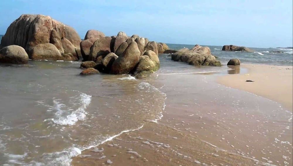 Thuan Quy Beach displaying the spectacular natural rock formations and pine forest backdrop along the pristine coastline